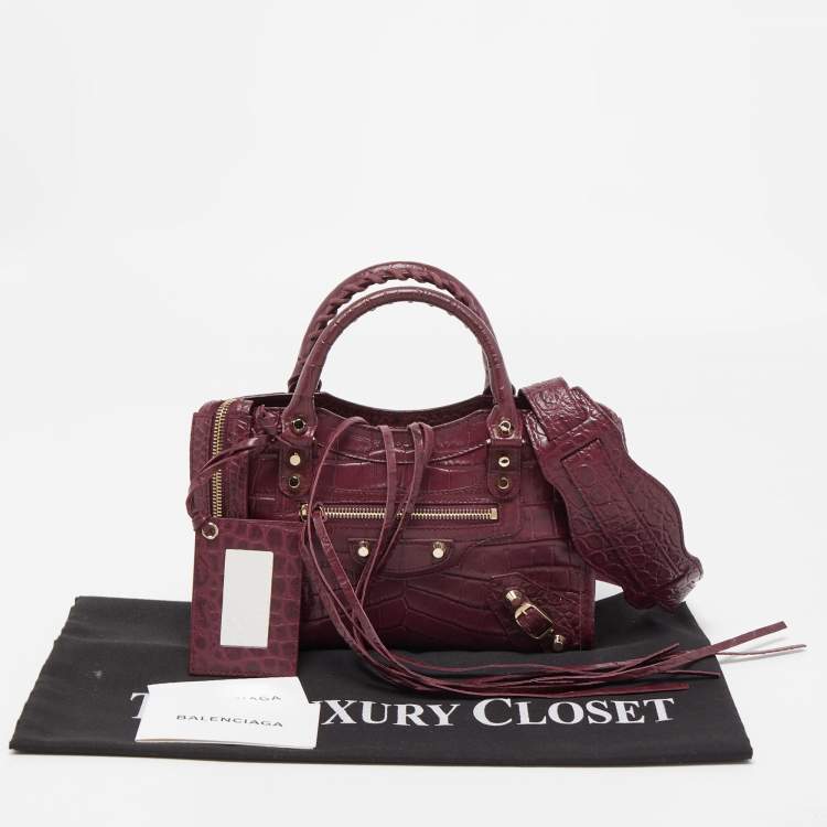 Pre Owned Balenciaga Burgundy Croc Embossed Leather Mini Classic City Bag