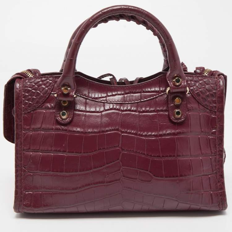 Pre Owned Balenciaga Burgundy Croc Embossed Leather Mini Classic City Bag