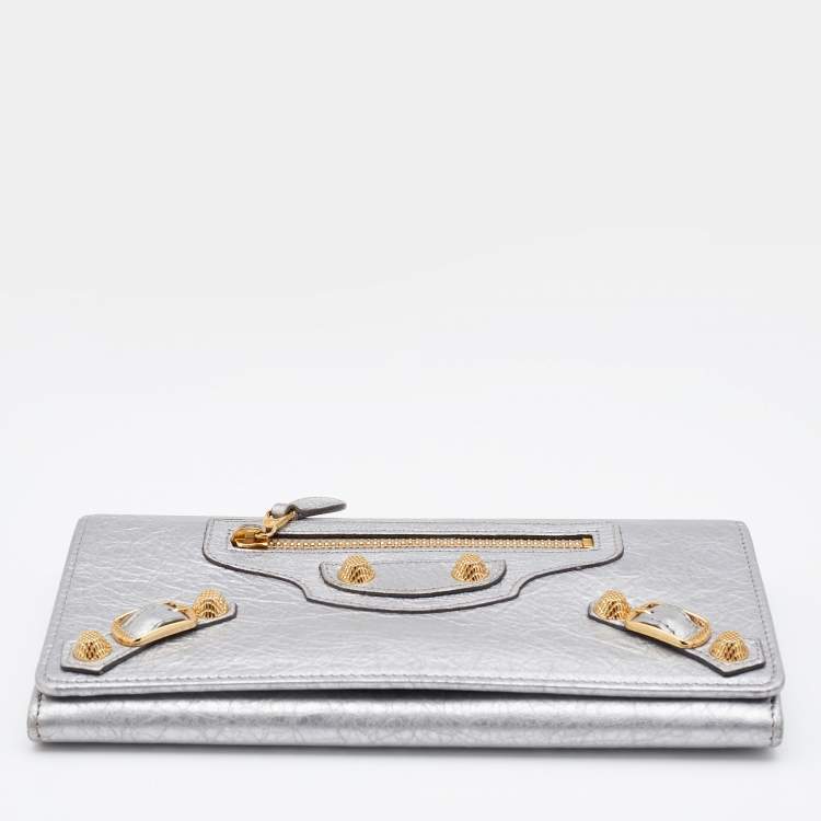 Pre Owned Balenciaga Silver Leather City Flap Continental Wallet