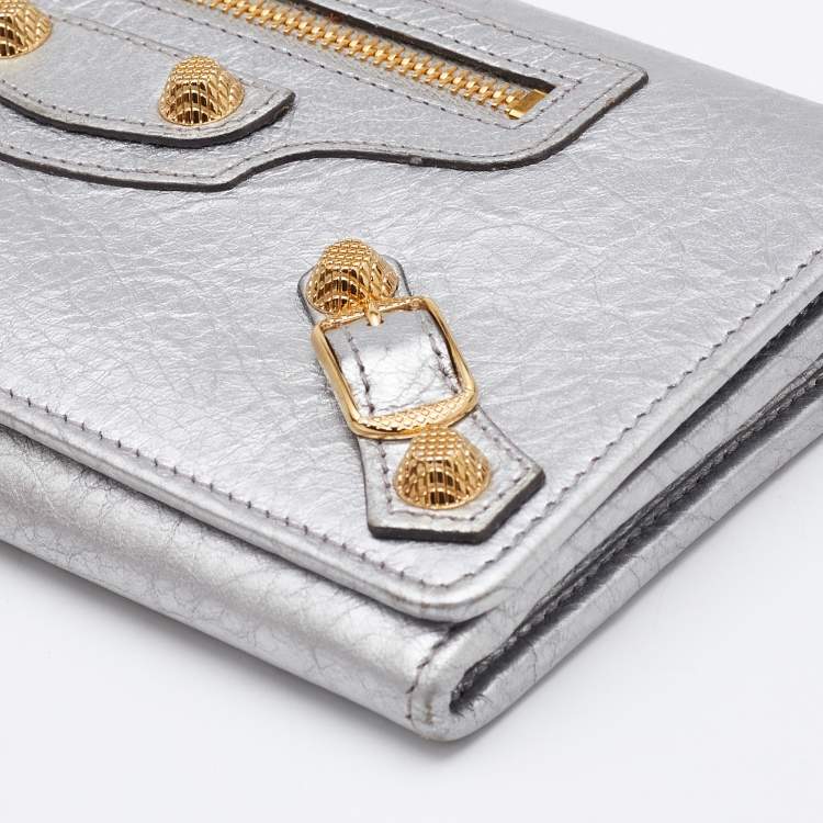 Pre Owned Balenciaga Silver Leather City Flap Continental Wallet