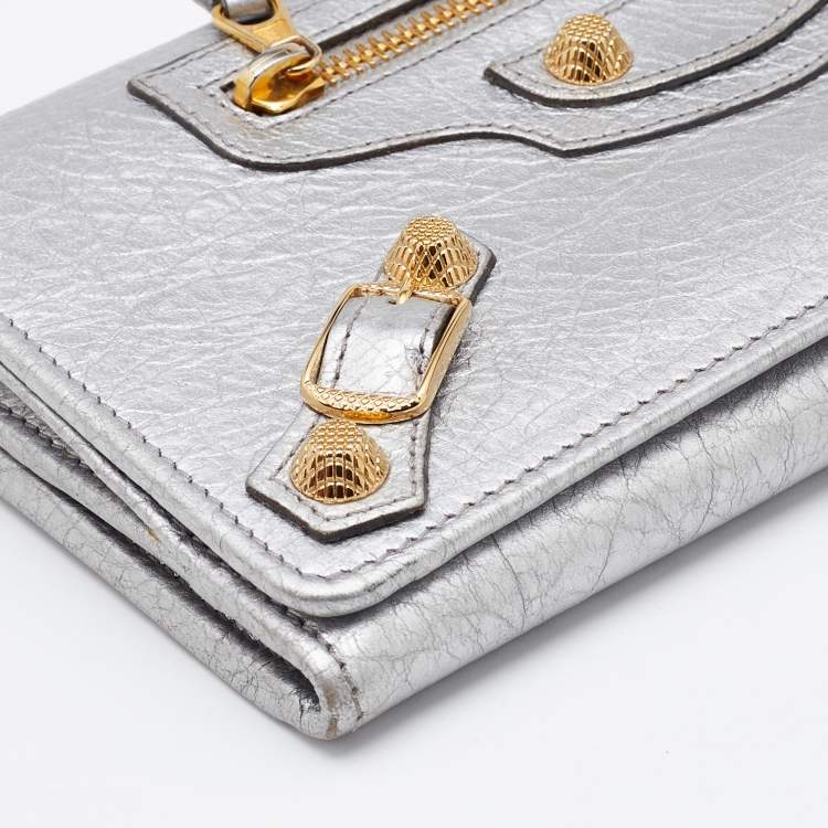 Pre Owned Balenciaga Silver Leather City Flap Continental Wallet