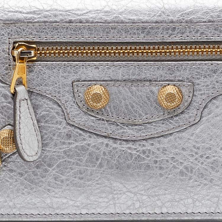 Pre Owned Balenciaga Silver Leather City Flap Continental Wallet