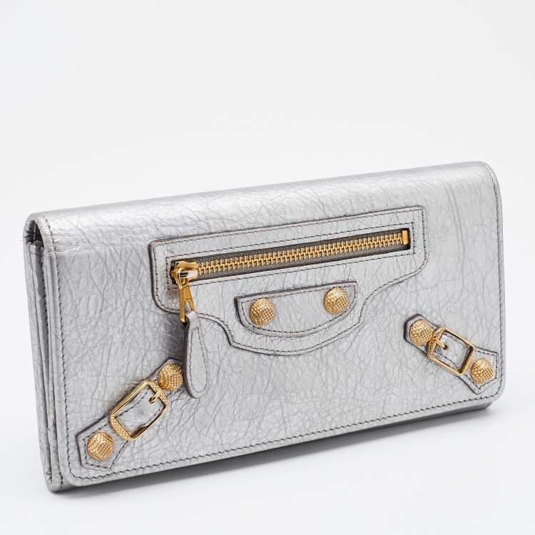 Pre Owned Balenciaga Silver Leather City Flap Continental Wallet