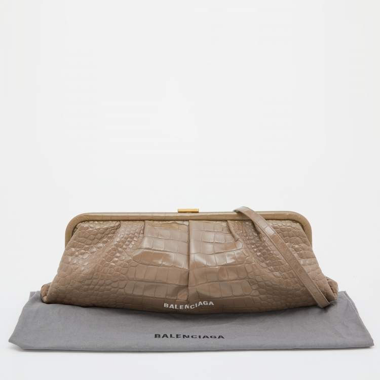 Pre Owned Balenciaga Beige Croc Embossed Leather XL Cloud Clutch