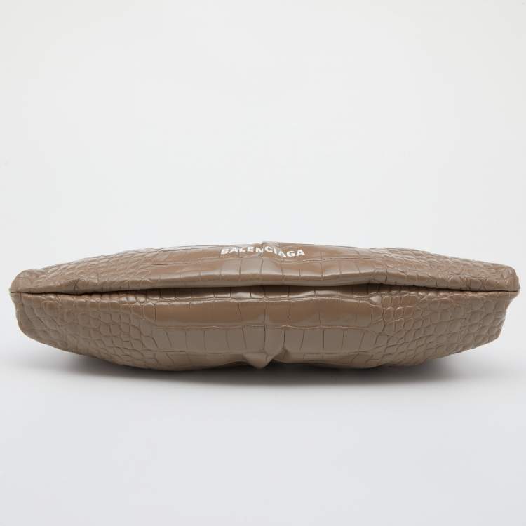 Pre Owned Balenciaga Beige Croc Embossed Leather XL Cloud Clutch