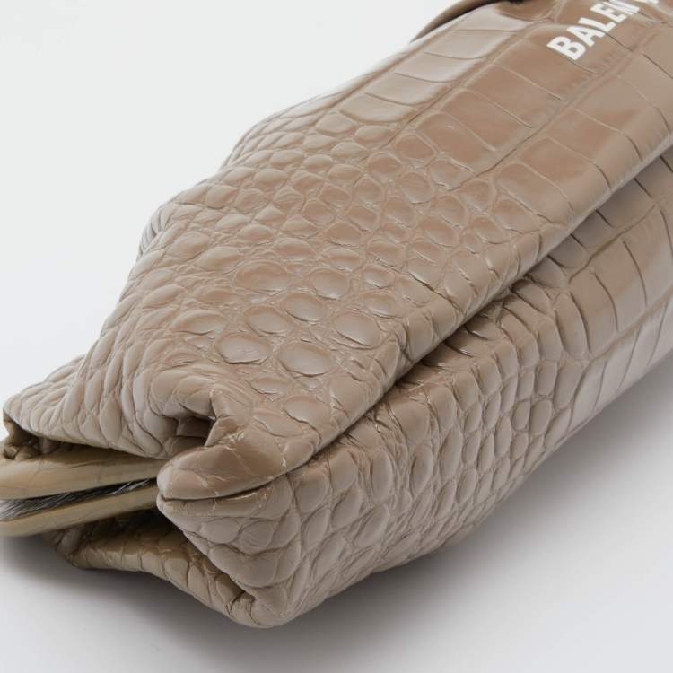 Pre Owned Balenciaga Beige Croc Embossed Leather XL Cloud Clutch