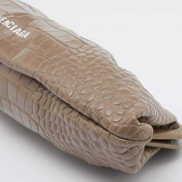 Pre Owned Balenciaga Beige Croc Embossed Leather XL Cloud Clutch