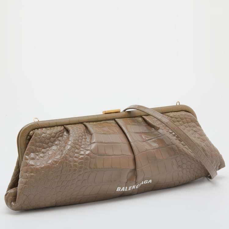 Pre Owned Balenciaga Beige Croc Embossed Leather XL Cloud Clutch