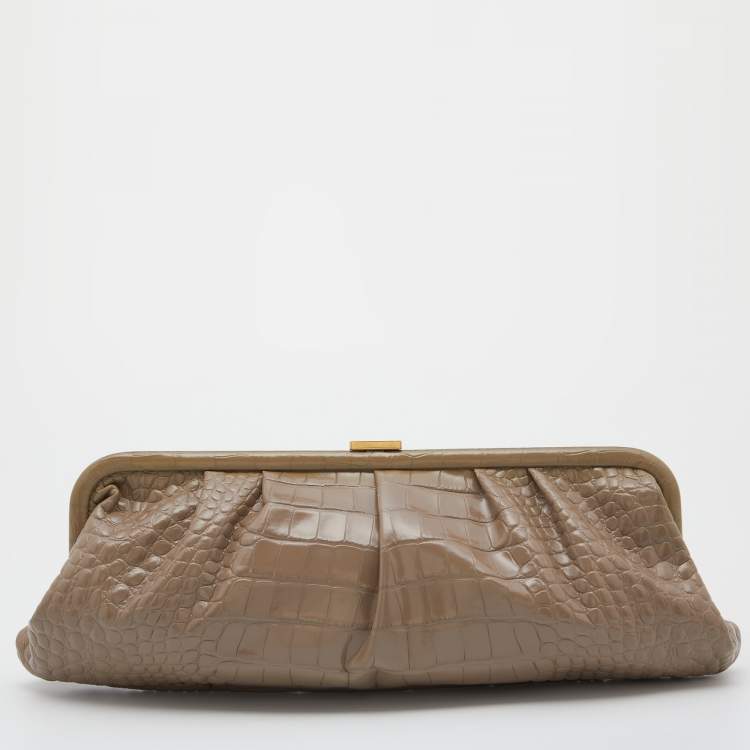 Pre Owned Balenciaga Beige Croc Embossed Leather XL Cloud Clutch