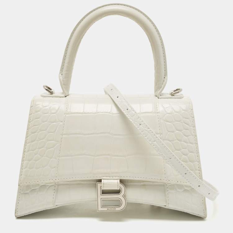 Balenciaga White Croc Embossed Leather Small Hourglass Top Handle Bag ...
