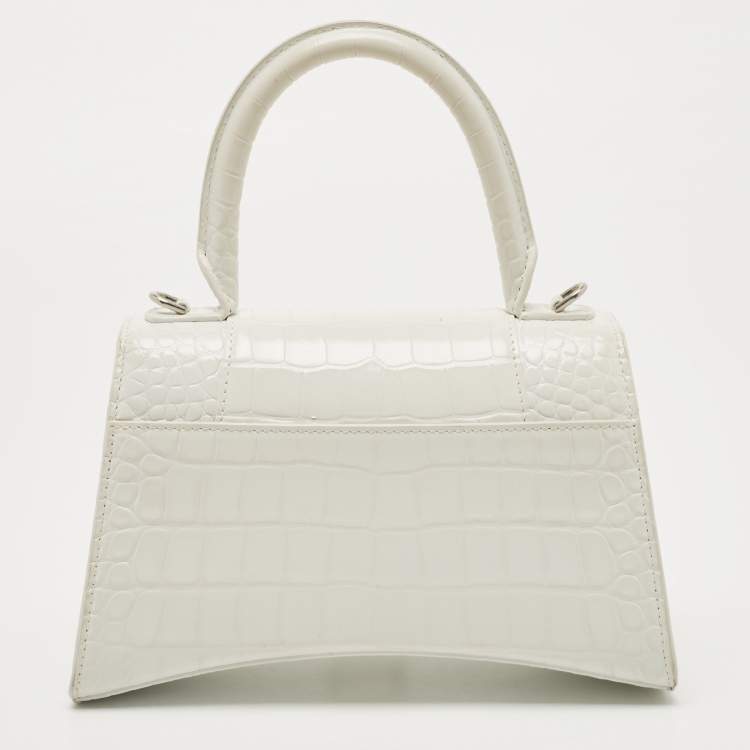 Pre Owned Balenciaga White Croc Embossed Leather Small Hourglass Top Handle Bag