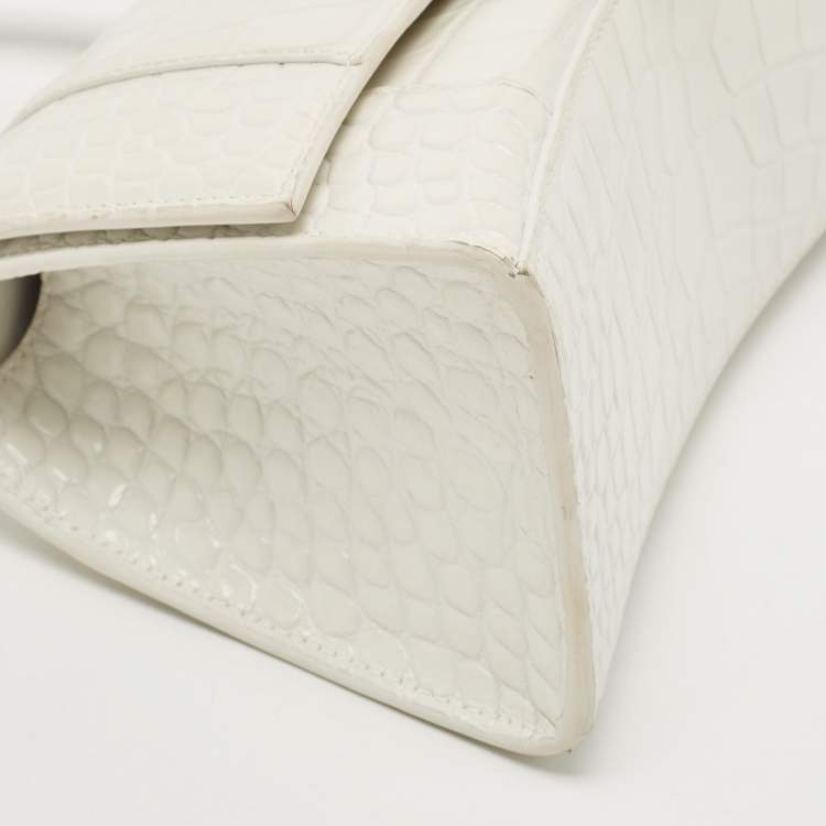 Pre Owned Balenciaga White Croc Embossed Leather Small Hourglass Top Handle Bag