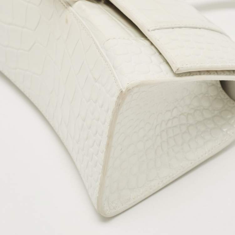 Pre Owned Balenciaga White Croc Embossed Leather Small Hourglass Top Handle Bag