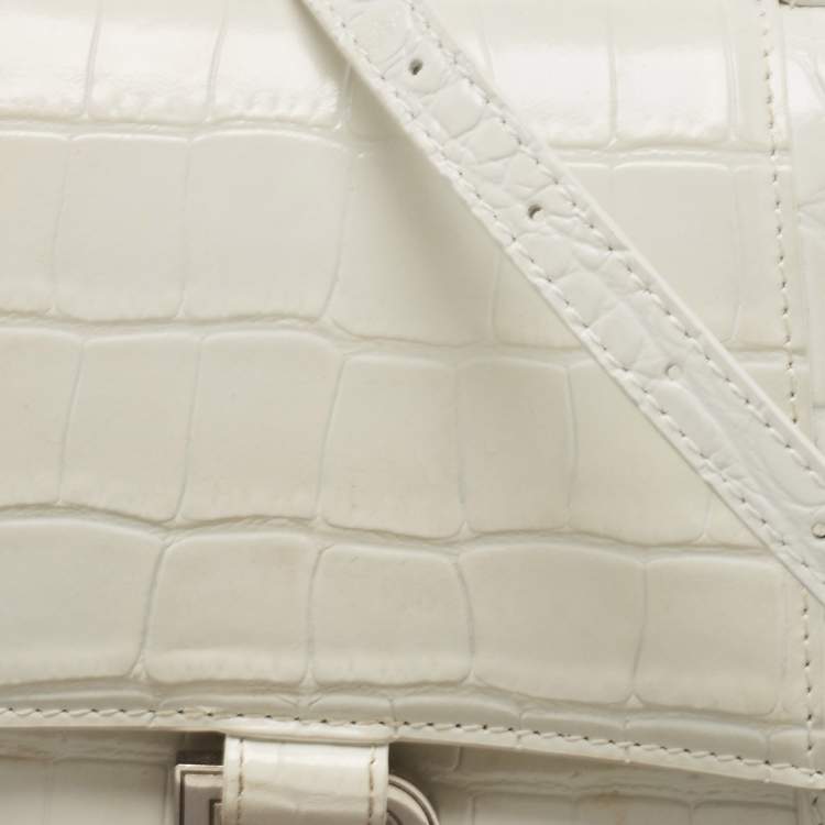 Pre Owned Balenciaga White Croc Embossed Leather Small Hourglass Top Handle Bag