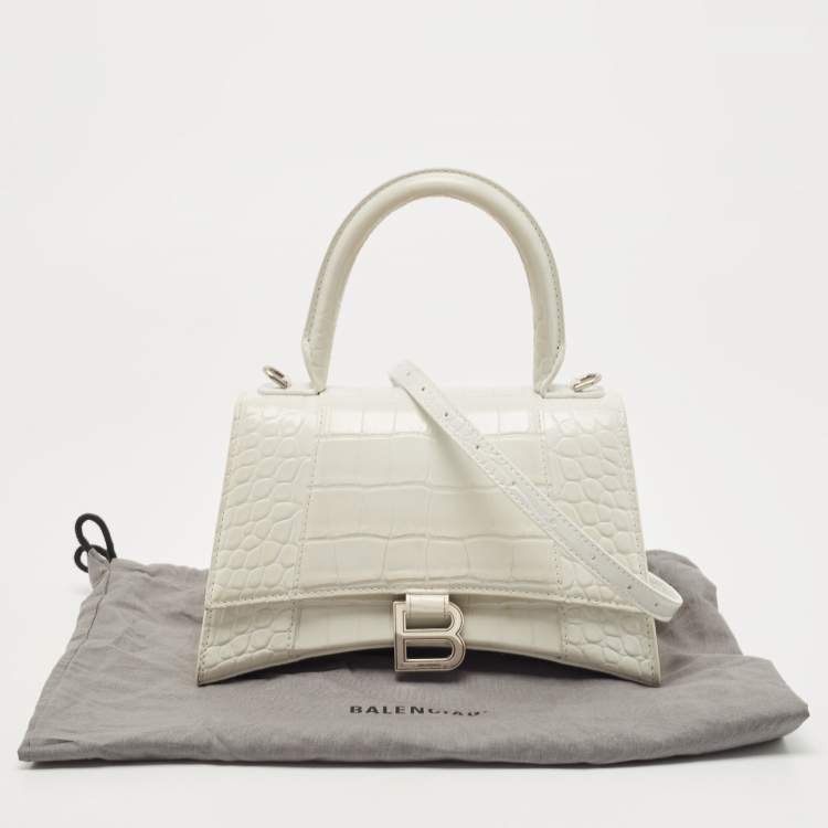 Pre Owned Balenciaga White Croc Embossed Leather Small Hourglass Top Handle Bag