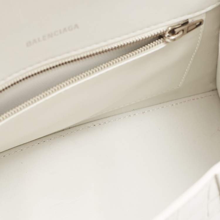 Pre Owned Balenciaga White Croc Embossed Leather Small Hourglass Top Handle Bag