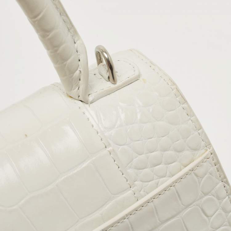 Pre Owned Balenciaga White Croc Embossed Leather Small Hourglass Top Handle Bag
