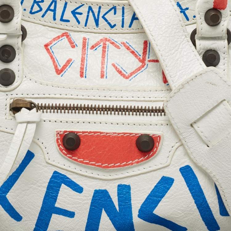 Pre Owned Balenciaga White Graffiti Leather Small City Tote 