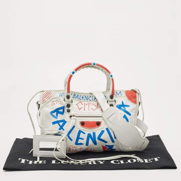 Pre Owned Balenciaga White Graffiti Leather Small City Tote 