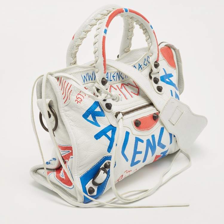 Pre Owned Balenciaga White Graffiti Leather Small City Tote 