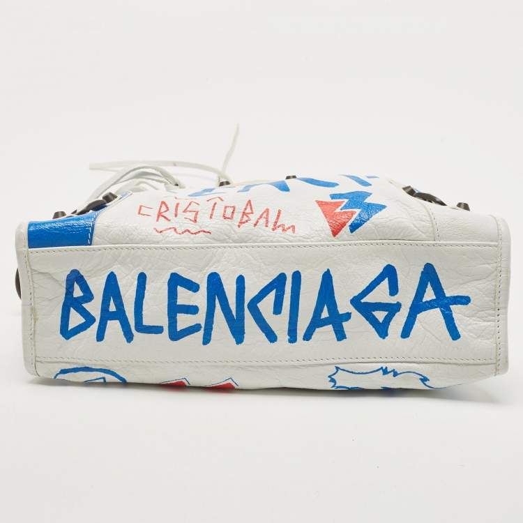 Pre Owned Balenciaga White Graffiti Leather Small City Tote 