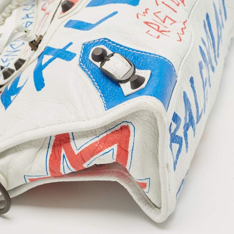 Pre Owned Balenciaga White Graffiti Leather Small City Tote 