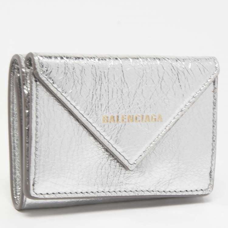 Pre Owned Balenciaga Silver Leather Mini Papier Wallet