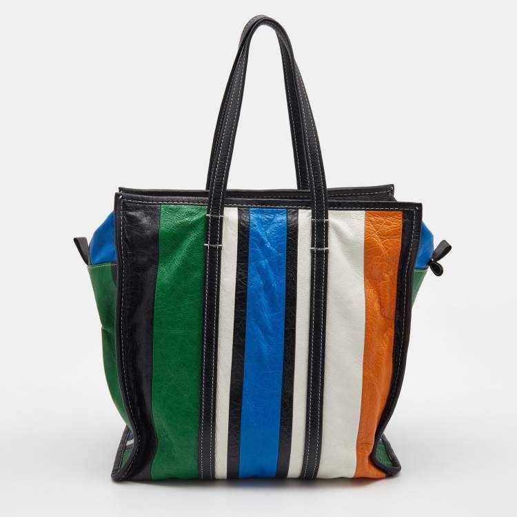 Pre Owned Balenciaga Multicolor Striped Leather Medium Bazaar Shopper Tote