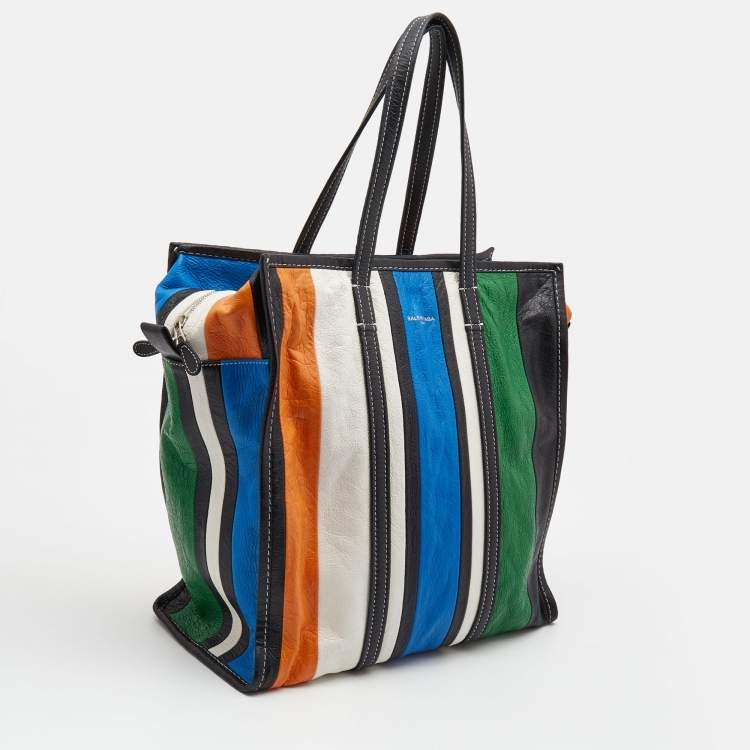 Pre Owned Balenciaga Multicolor Striped Leather Medium Bazaar Shopper Tote
