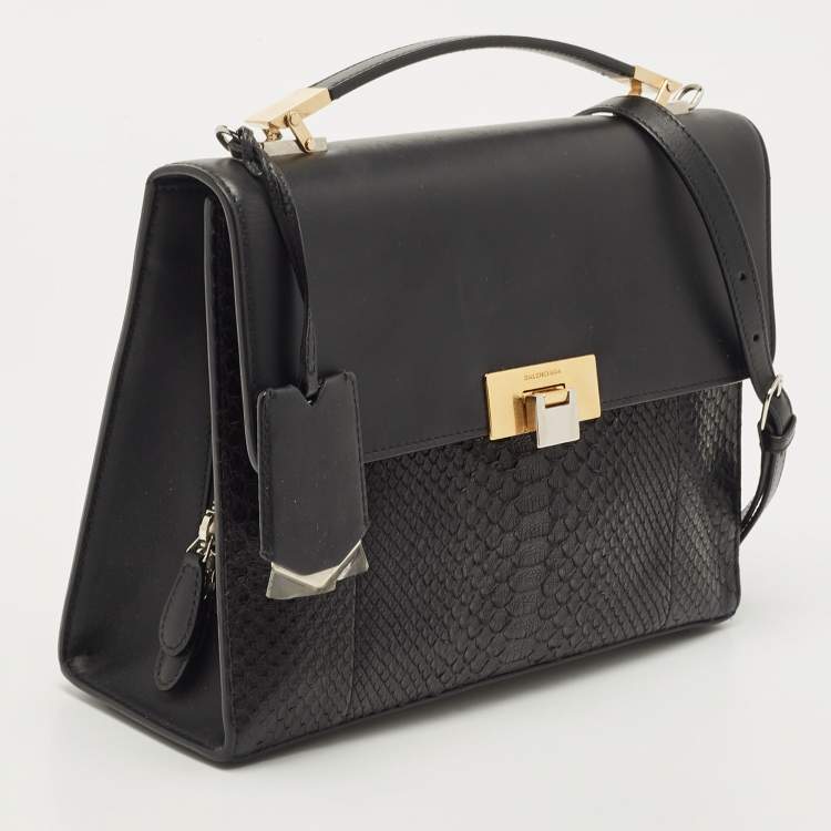 Pre Owned Balenciaga Black Leather and Python Le Dix Cartable Top Handle Bag