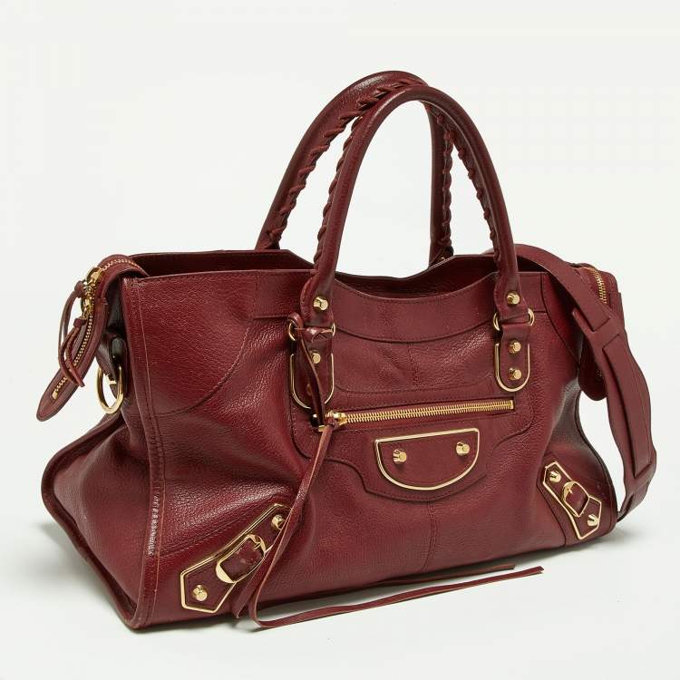 Pre Owned Balenciaga Burgundy Leather Metallic Edge Part Time Tote
