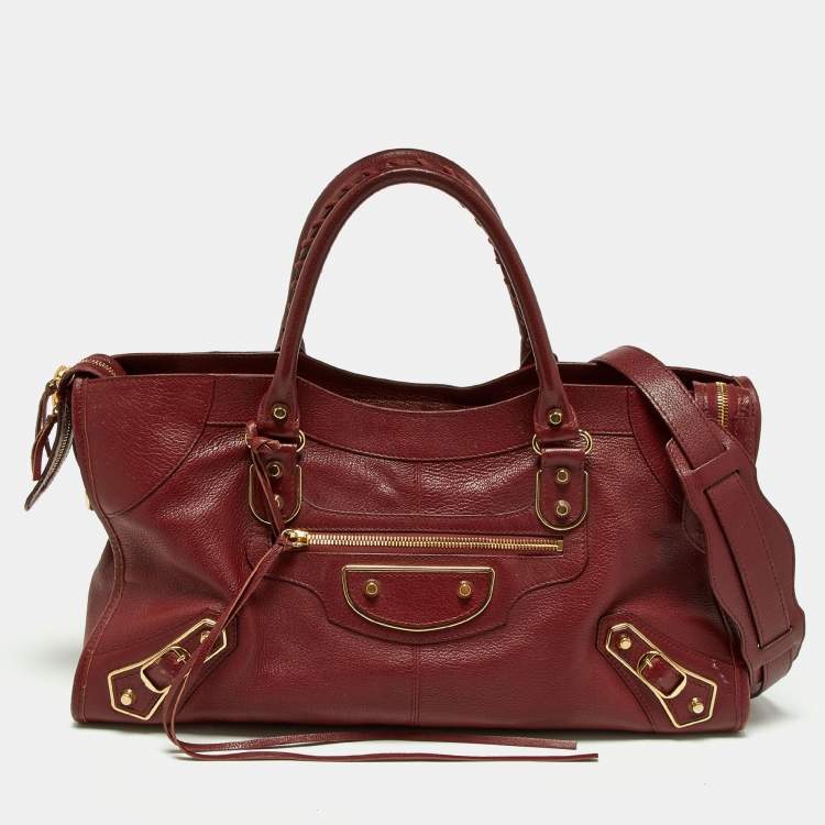 Pre Owned Balenciaga Burgundy Leather Metallic Edge Part Time Tote