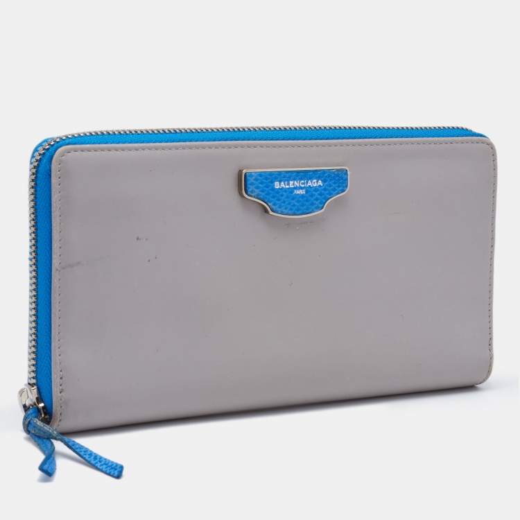 Pre Owned Balenciaga Grey/Blue Leather and Karung Leather Zip Around Wallet