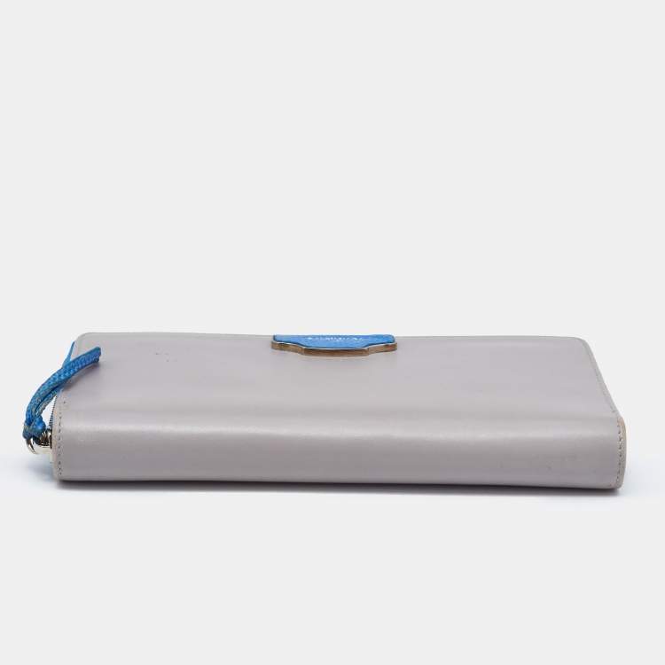 Pre Owned Balenciaga Grey/Blue Leather and Karung Leather Zip Around Wallet