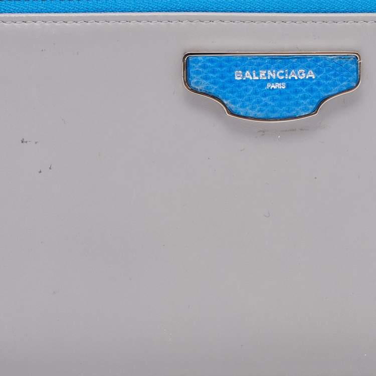 Pre Owned Balenciaga Grey/Blue Leather and Karung Leather Zip Around Wallet