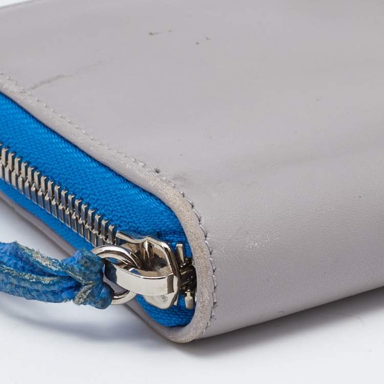 Pre Owned Balenciaga Grey/Blue Leather and Karung Leather Zip Around Wallet