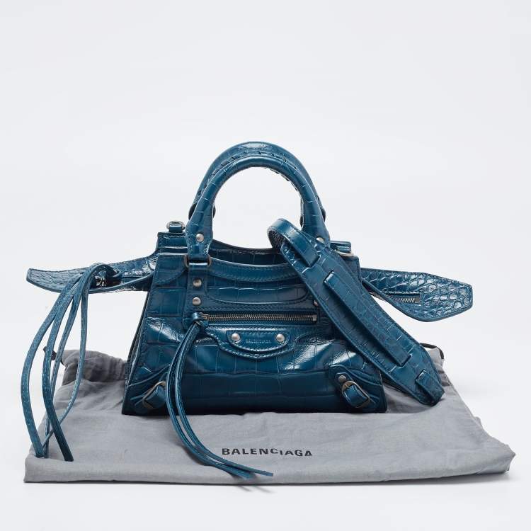 Pre Owned Balenciaga Teal Croc Embossed Leather Mini Neo Classic Bag