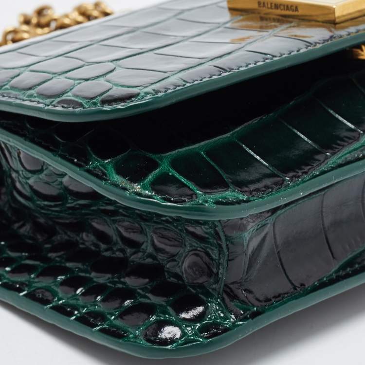 Pre Owned Balenciaga Green Croc Embossed Glazed Leather B. Logo Wallet On Chain