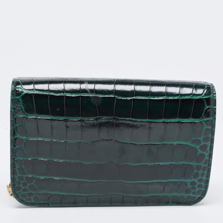 Pre Owned Balenciaga Green Croc Embossed Glazed Leather B. Logo Wallet On Chain
