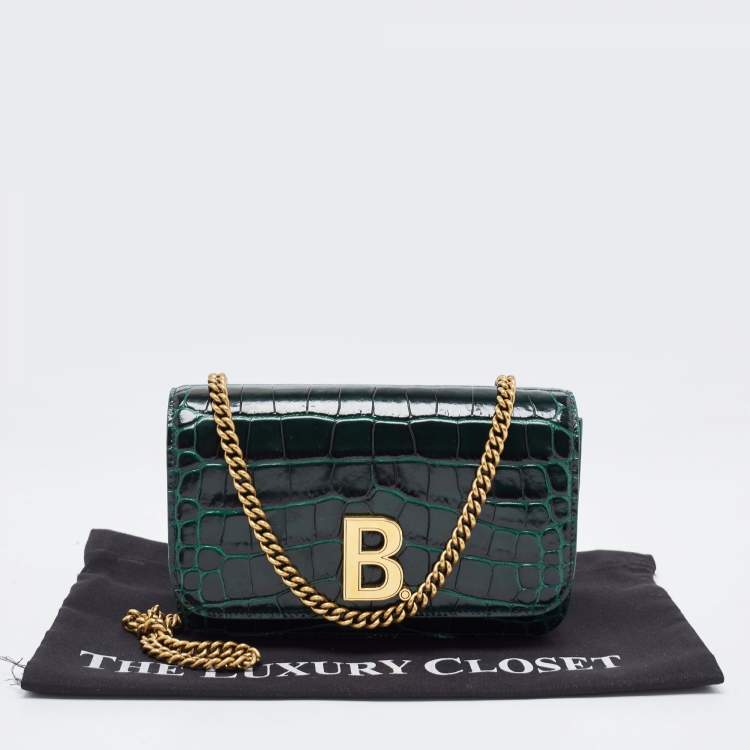 Pre Owned Balenciaga Green Croc Embossed Glazed Leather B. Logo Wallet On Chain