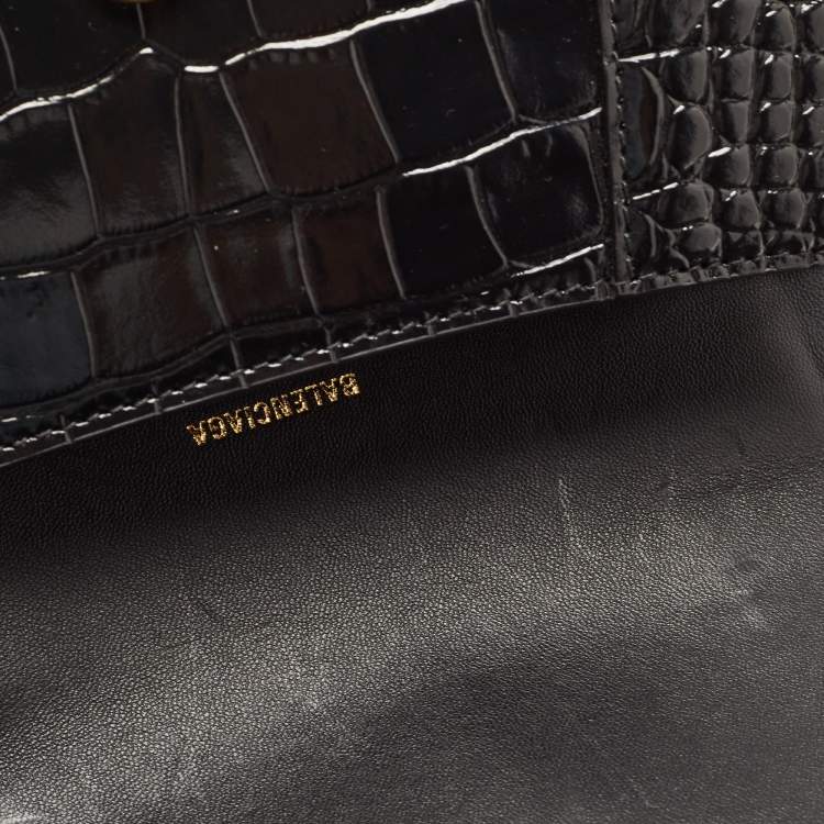 Pre Owned Balenciaga Black Croc Embossed Leather Small Hourglass Top Handle Bag