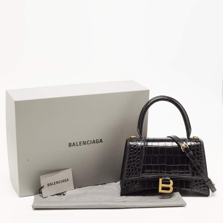 Pre Owned Balenciaga Black Croc Embossed Leather Small Hourglass Top Handle Bag