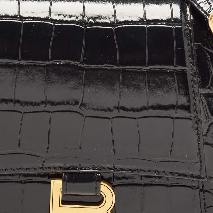Pre Owned Balenciaga Black Croc Embossed Leather Small Hourglass Top Handle Bag