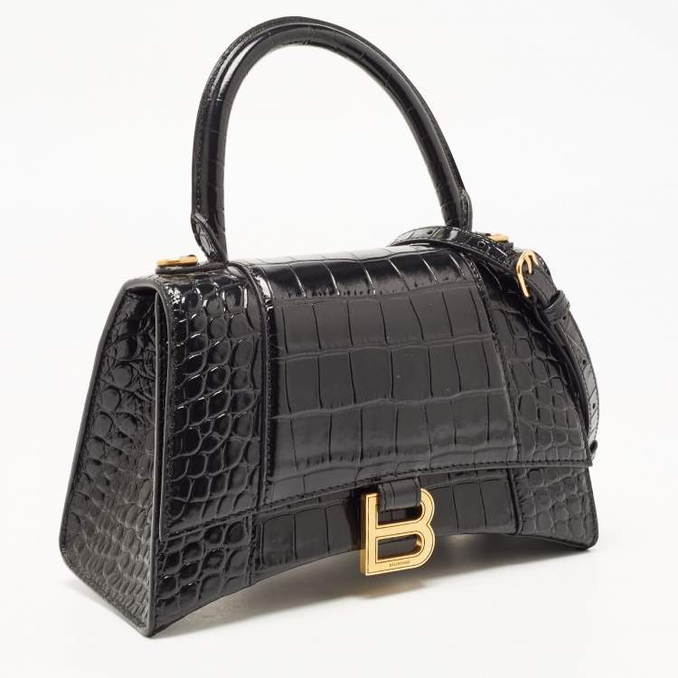 Pre Owned Balenciaga Black Croc Embossed Leather Small Hourglass Top Handle Bag