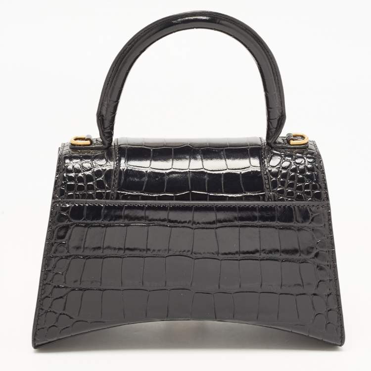 Pre Owned Balenciaga Black Croc Embossed Leather Small Hourglass Top Handle Bag