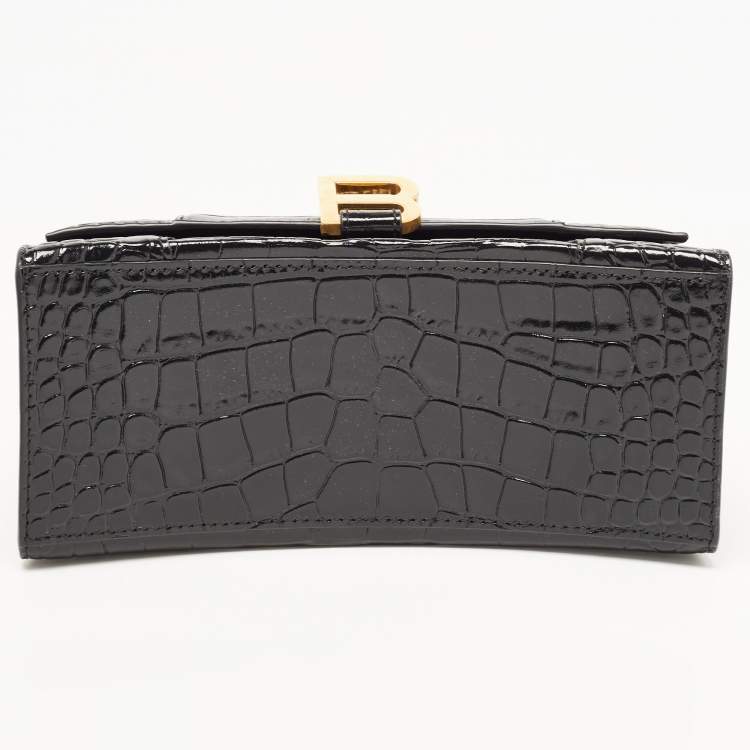 Pre Owned Balenciaga Black Croc Embossed Leather Small Hourglass Top Handle Bag