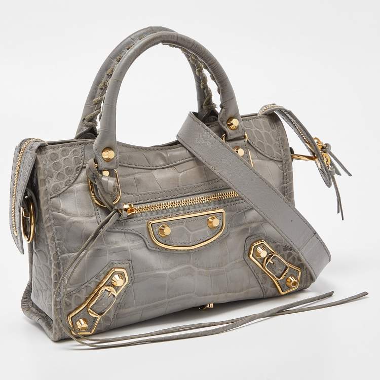 Pre Owned Balenciaga Grey Croc Embossed Leather Mini Metallic Edge City Bag