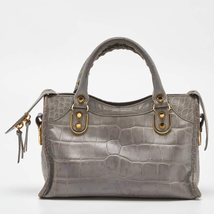 Pre Owned Balenciaga Grey Croc Embossed Leather Mini Metallic Edge City Bag