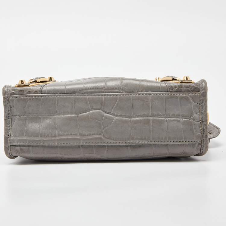 Pre Owned Balenciaga Grey Croc Embossed Leather Mini Metallic Edge City Bag