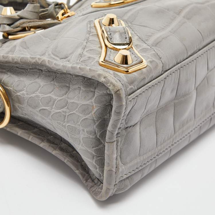 Pre Owned Balenciaga Grey Croc Embossed Leather Mini Metallic Edge City Bag